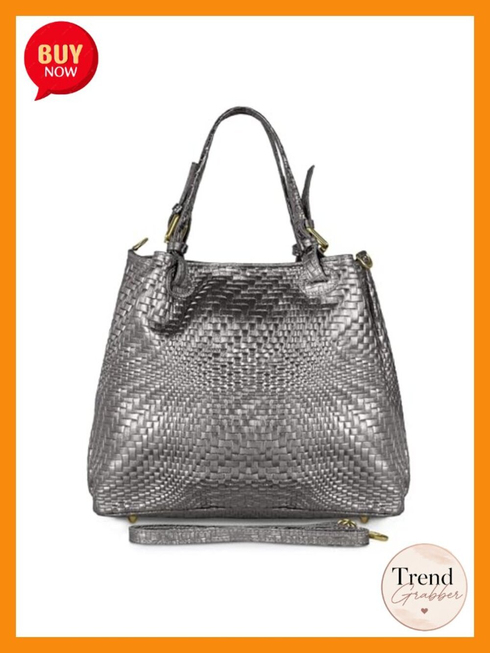 Italian Genuine Suede Top-Handle Bag with Metallic Grid Texture & Removable